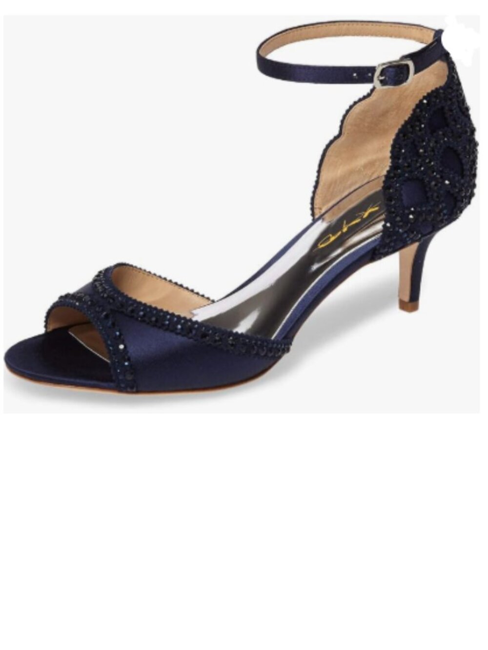 XYD Navy Peep Toe D'Orsay Kitten Heels, Rhinestone Studs, Ankle Strap Sandal